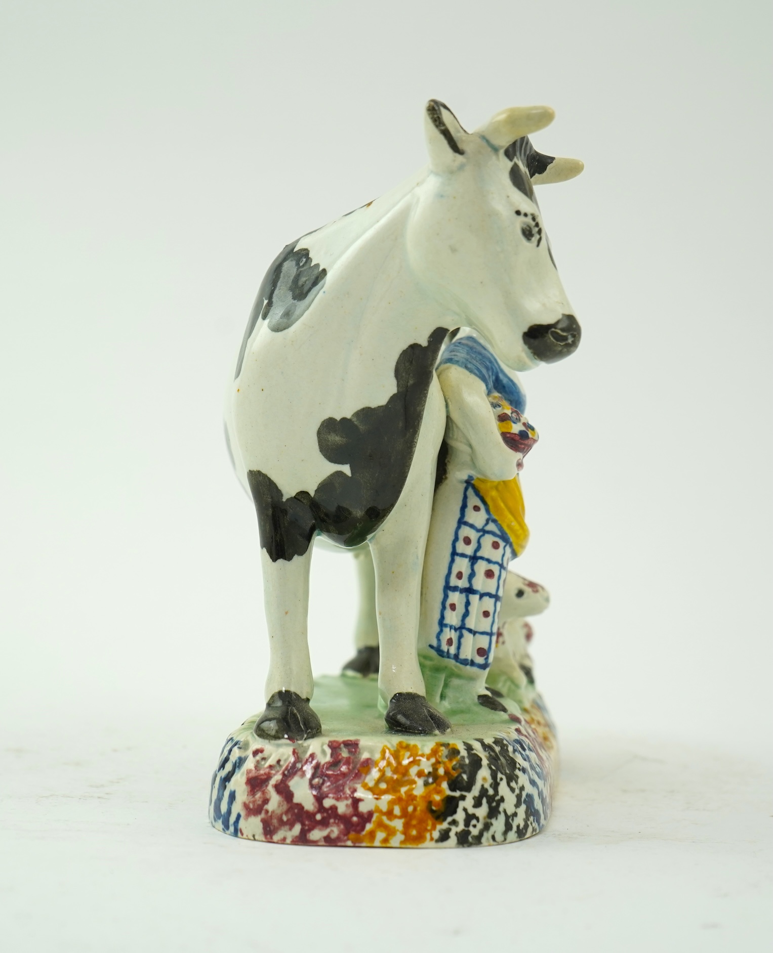 A James Emery, Mexborough pearlware cow, calf and milkmaid group, c.1820